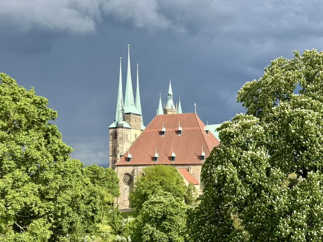Dom St. Marien und Severikirche in Erfurt bei Tag mit blühenden Kastanien